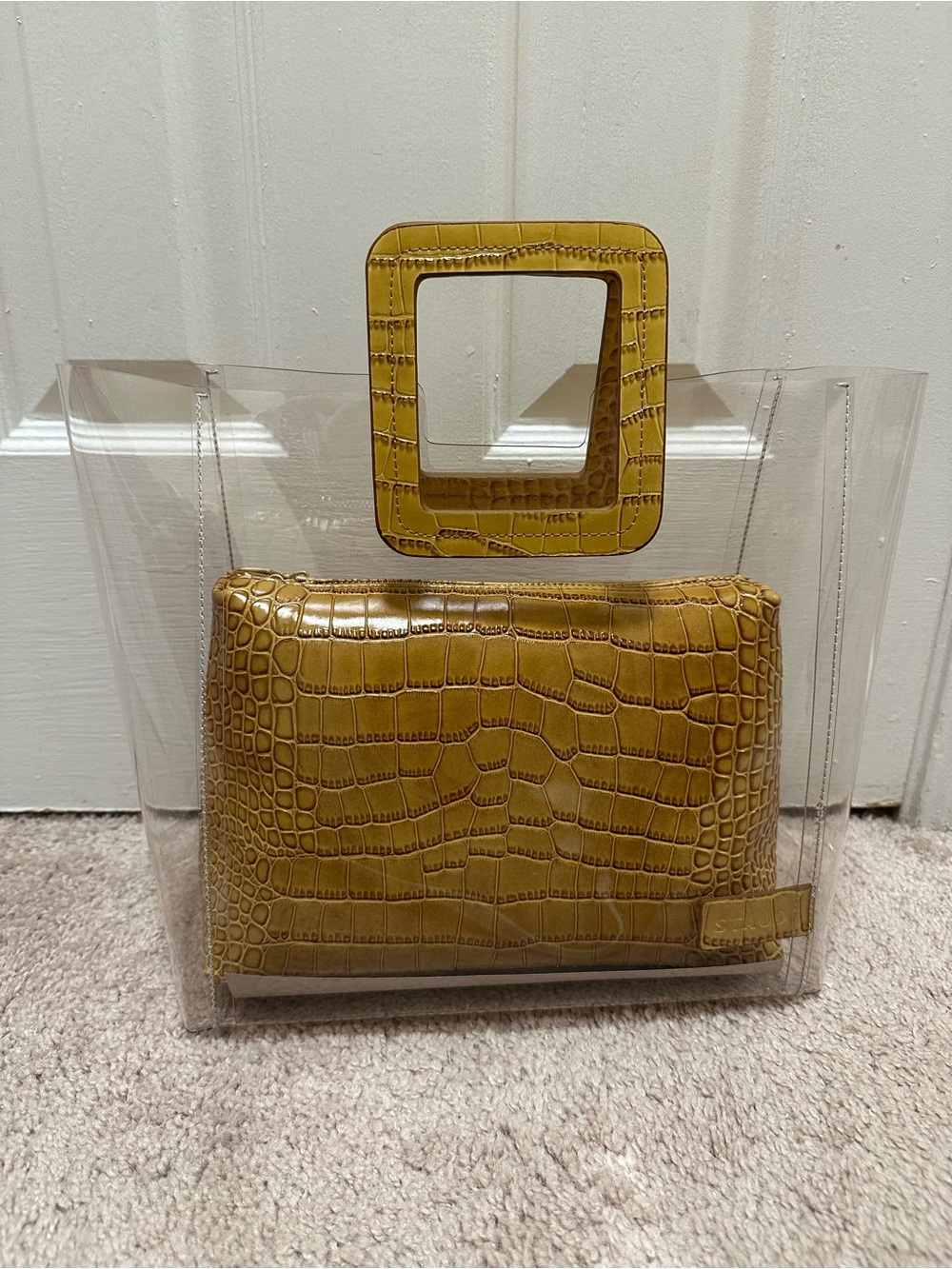 STAUD Clear Tote Bag with Mustard Croc-Embossed Insert